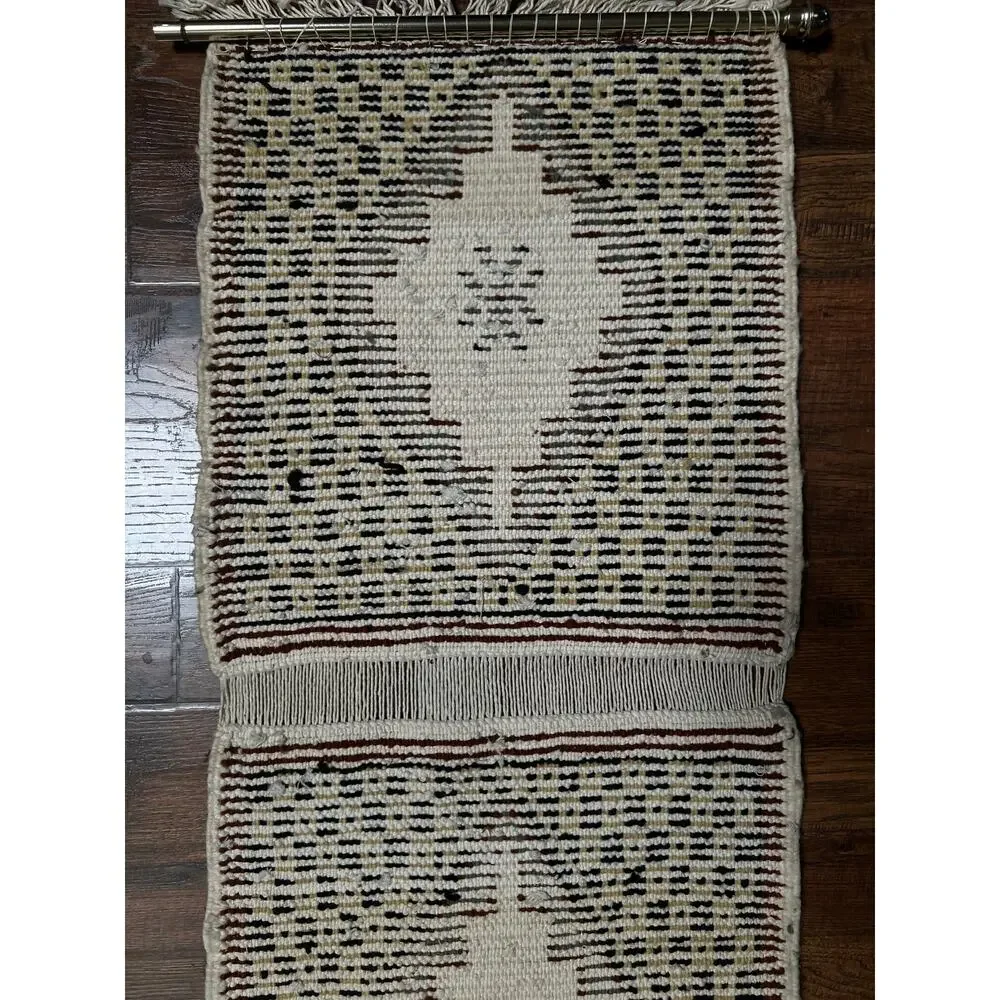 Vintage Wool Wall Hanging Crewel – Geometric Double Panel Tapestry with Fringe